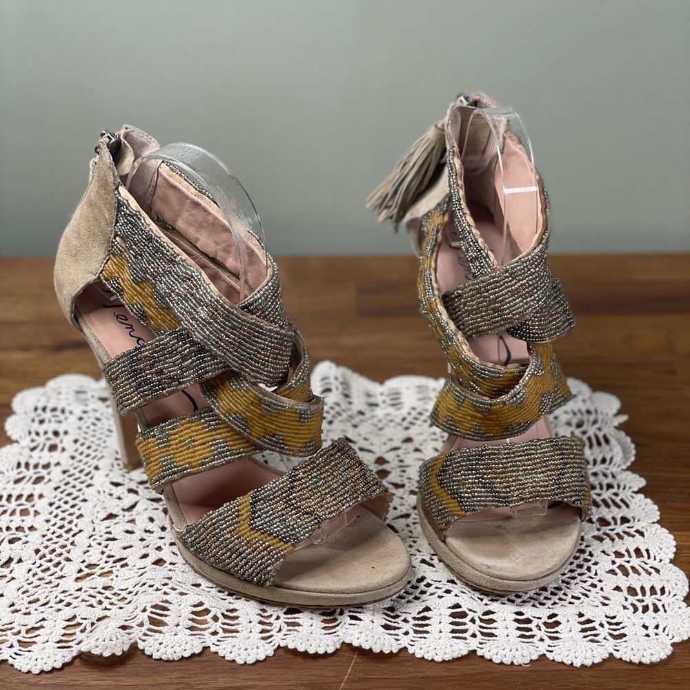 Candela Pency Beaded High Heel Suede and Tassels
